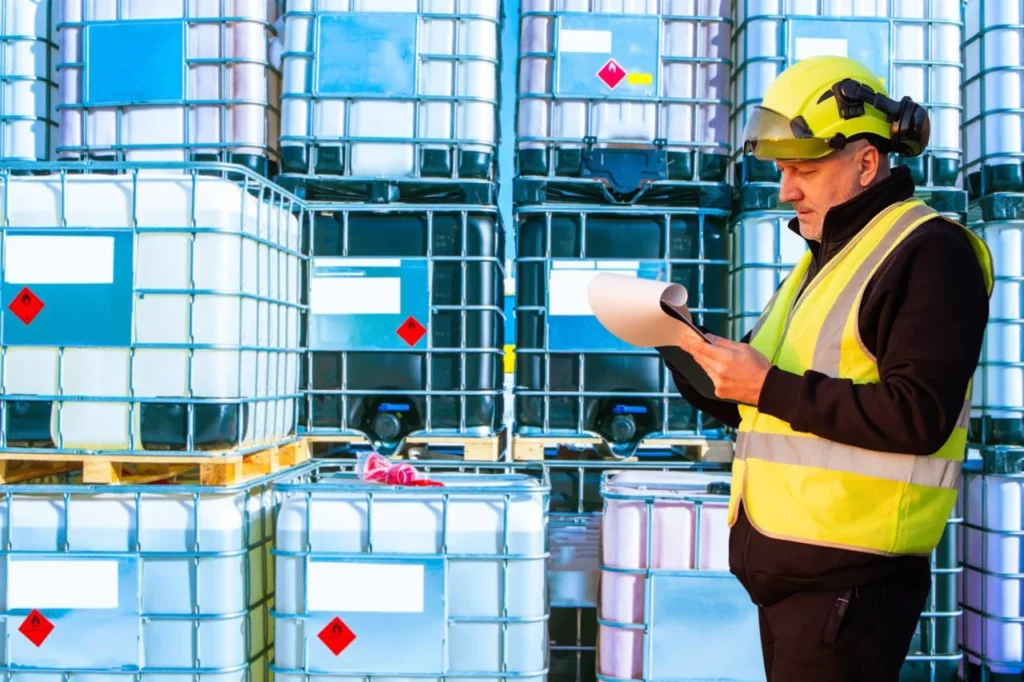 A worker in a yellow safety vest and hard hat checks paperwork near large stacked chemical containers with hazard labels in an industrial storage area.