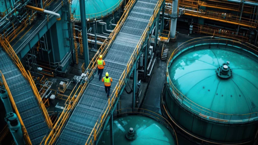 Two workers in safety gear walk on a metal walkway above large teal industrial tanks at a processing plant, surrounded by yellow railings and numerous pipes.