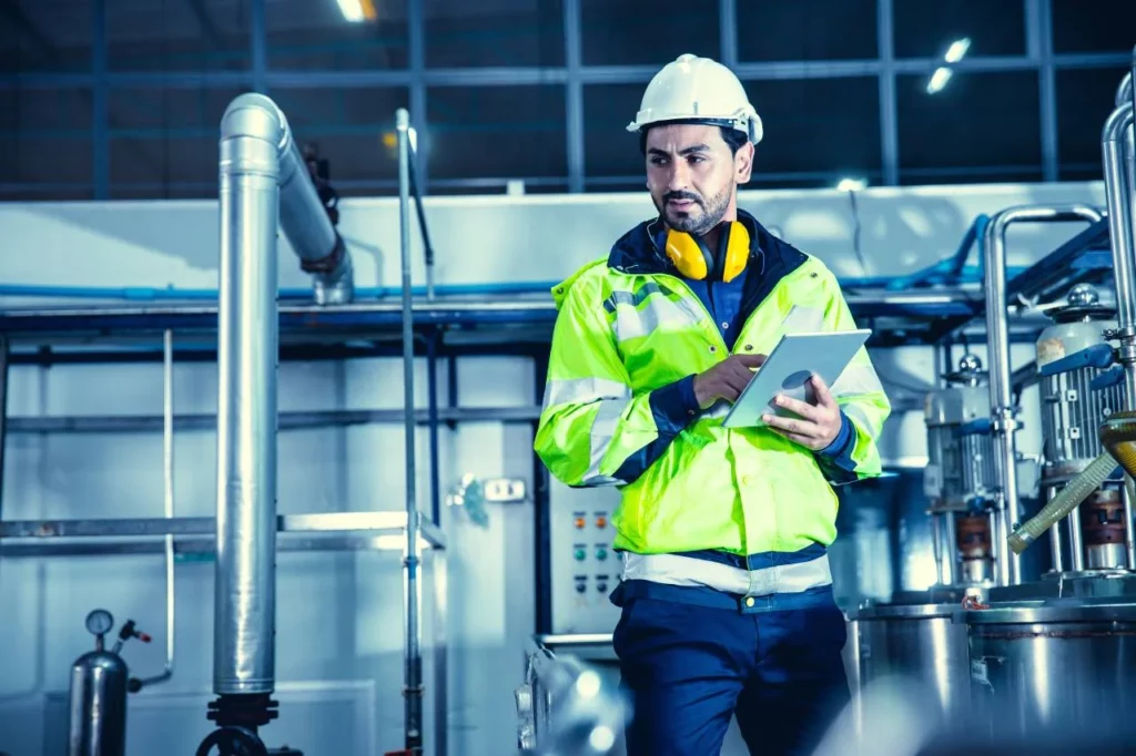 A man in a high-visibility jacket, hard hat, and ear protection stands in an industrial facility, holding a tablet and making notes, surrounded by metal pipes and machinery.
