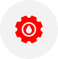 A red gear icon with a white drop shape in the center, set against a light gray circular background.