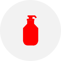 A red silhouette icon of a pump bottle, commonly used for soap or sanitizer, is centered on a light gray circular background.