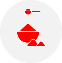 Red icon of a bowl filled with a granular substance, two small piles beside it, and a spoon above, all on a light gray circular background.