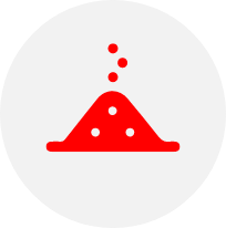 Red icon of a mound or pile with four white dots and four red dots rising above it, resembling a stylized volcano or a pile of powder with particles floating upward, on a light gray background.