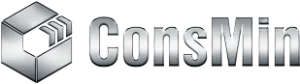 Silver metallic ConsMin logo with a geometric cube symbol to the left, followed by the word "ConsMin" in a matching silver, industrial-style font on a transparent background.