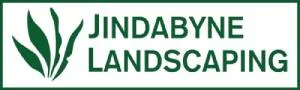 Logo for Jindabyne Landscaping with green text and a graphic of green leaves on a white background, all enclosed in a green rectangular border.