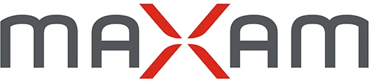 The image shows the word "MAXAM" in bold letters, with the "X" in red and stylized using four curved red lines, while the other letters are in gray.