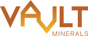 Vault Minerals logo with the word "VAULT" in bold, gradient orange letters. The letter "A" is stylized as an upside-down "V." The word "MINERALS" appears below in smaller orange text.